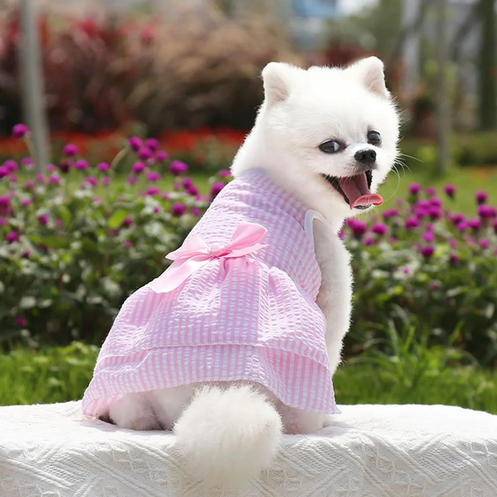 Hunde-Prinzessinnenkleider für kleine Hunde, Mädchen, Welpenkleider mit Schleife, süßes Hunde-Sommer-Outfit, Kleidung für weibliche Yorkie-Katzen L rosa