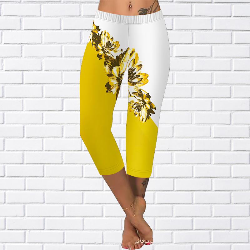 Hosen Sommer Gelb Schmetterling Kurze Leggings Abgeschnitten Skinny 0Hosen Plus Size Leggins Damen Weiße Stiefmütterchen Hosen Abgeschnittene Hosen Für Frauen M gelb