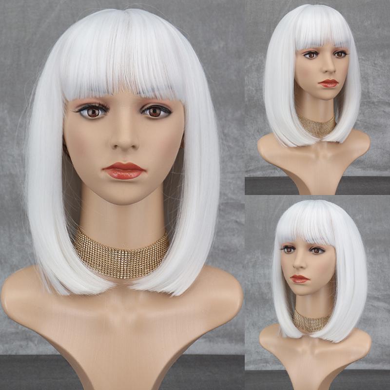 LISI HAIR Frauen Cosplay Rosa Kurze Bob Gerade Perücke mit Pony Synthetische Faser Täglich Tragen Cosplay Rosa Schulter Länge Perücke 1001