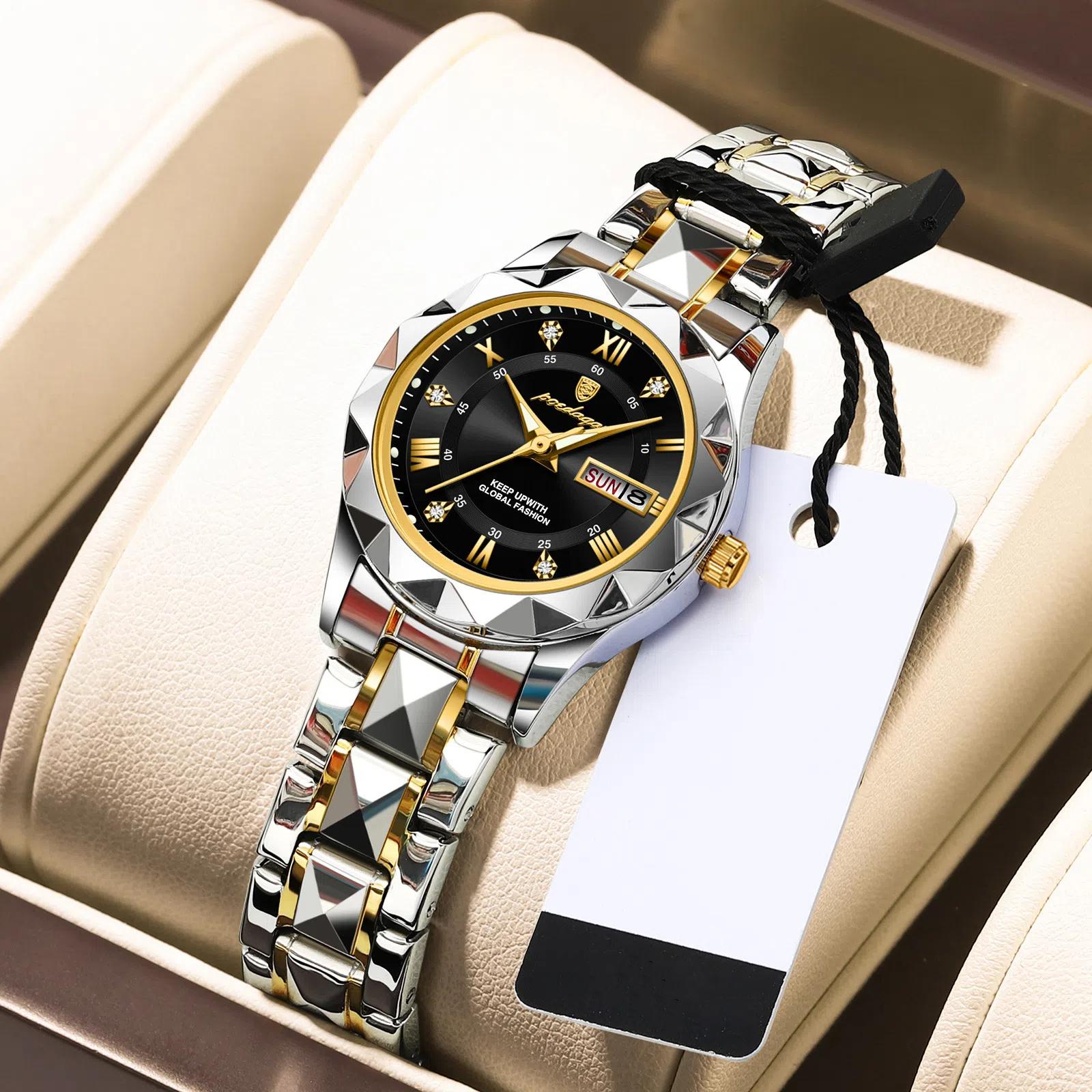 POEDAGAR Elegante Quarz Damen Armbanduhr Auto Datum Top Marke Original Uhr Für Frauen Luxus Wasserdicht Leuchtende Handgelenk Uhren gold/schwarz