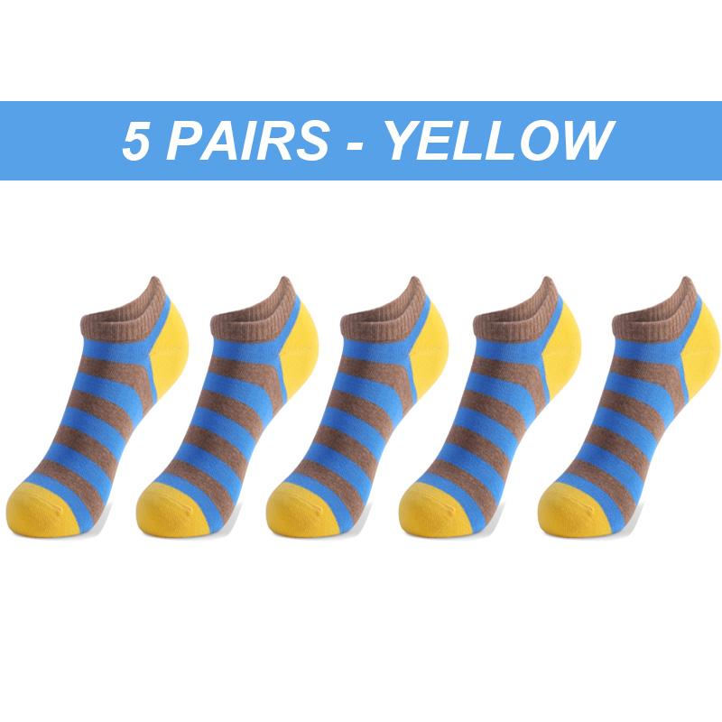 Herrensocken, hochwertig, 5 Paar, große Größe, Frühling, Sommer, Sport, atmungsaktiv, tailliert, gestreift, Patchwork, Knöchel-Bootssocken, Geschenke für Männer, Meias EUR38-46 gelb