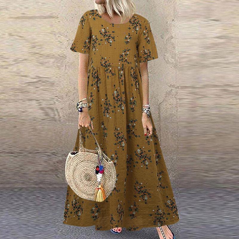 ZANZEA Damen Vintage Print Lässige Sommerkleider mit kurzen Ärmeln und Rundhalsausschnitt 2XL gelb