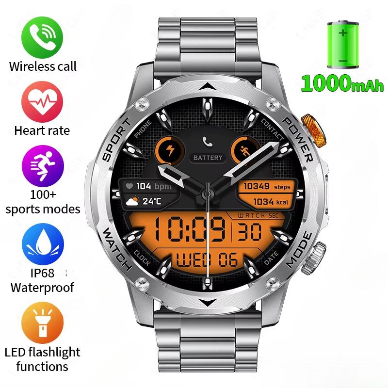 2025 Neue 1000mAh Super-Kapazitäts-Batterie Herren Smartwatch 1,7-Zoll Großbildschirm Bluetooth-Anruf IP68 Wasserdicht Smartwatch Sport Steel Tape silber