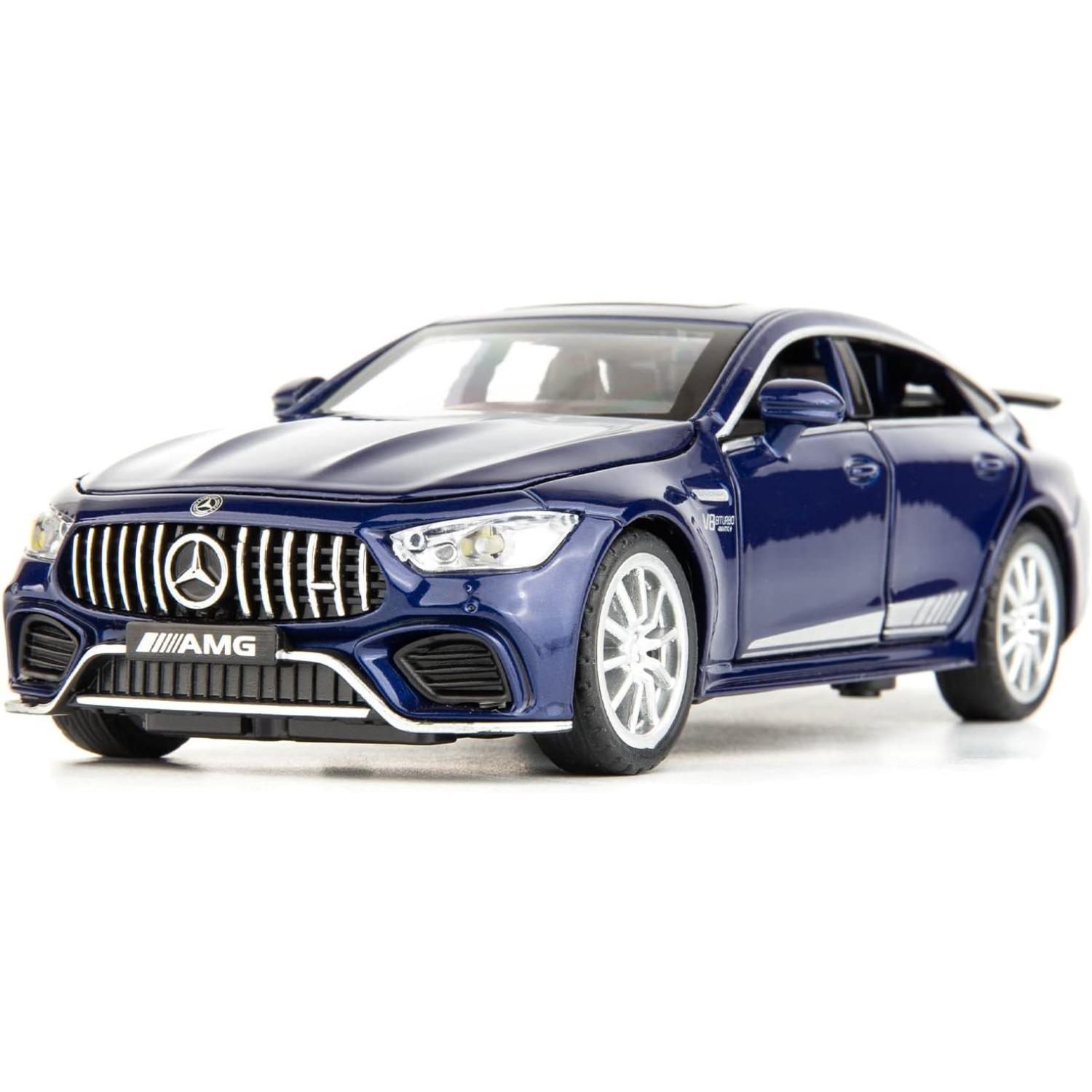 1/32 Benz AMG GT63 Modellauto, Legierung, Druckguss, Rückzieh-Spielzeugauto mit Ton und Licht, Tür kann geöffnet werden, Spielzeugfahrzeug für Kinder, Geschenk 1/32-Size:15.5*6.5*4.5cm blau