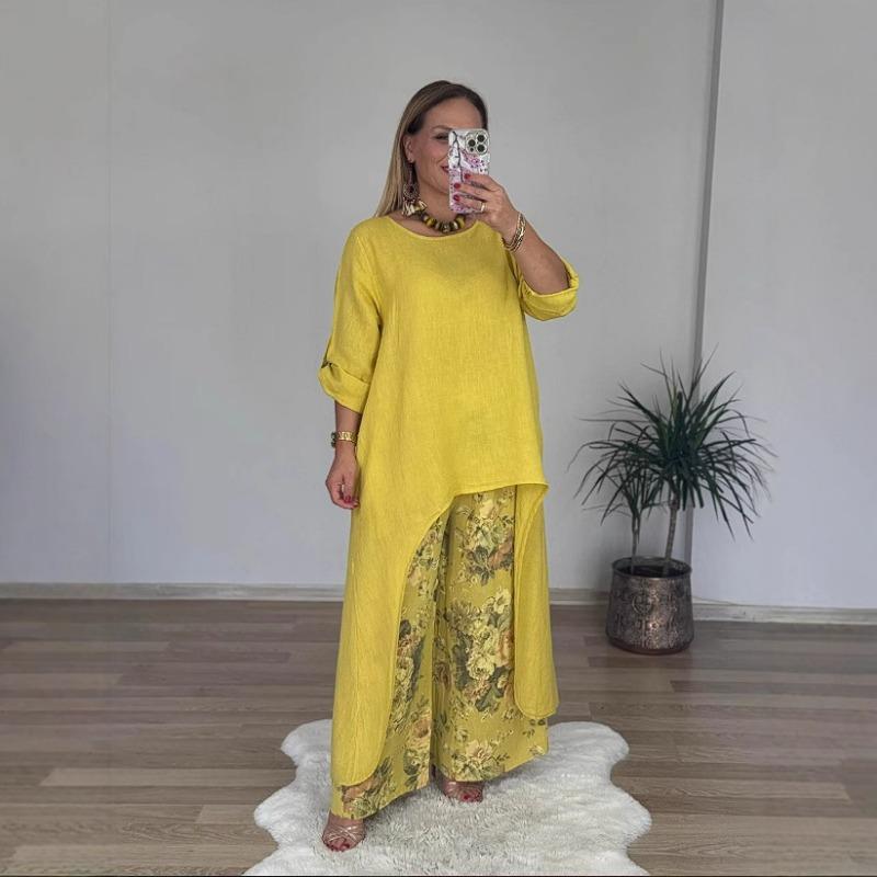 Damenmode Lässig Frühling Herbst Blumenmuster Druck Langarm O-Ausschnitt Hosen Hosen Anzüge XL gelb