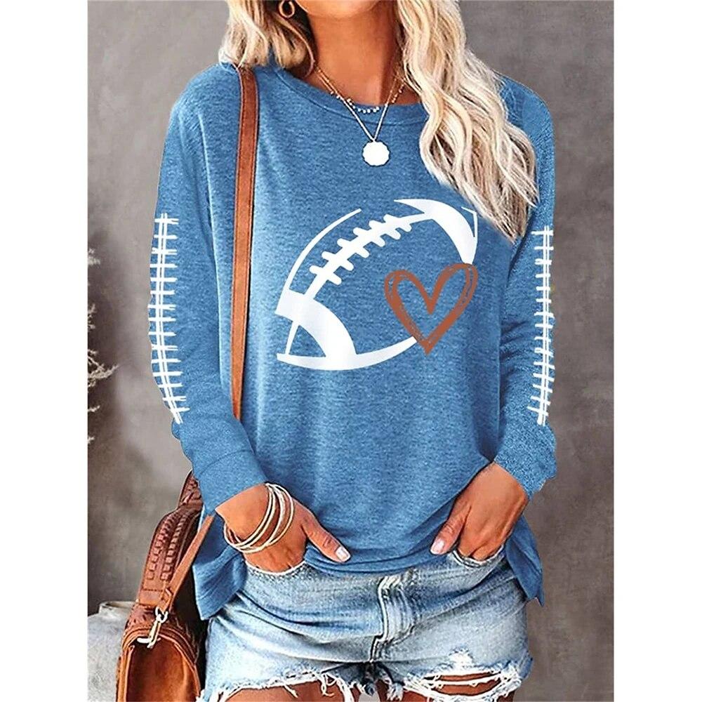 American Football Print Langarm Tops Frauen Mode Casual Tees Lose Oansatz T-Shirt Spiel Tag Damen Kleidung XL