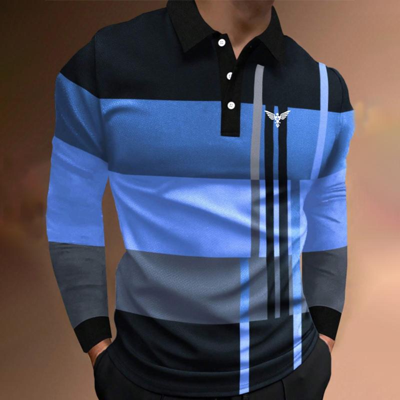 Herren Poloshirt mit Logo-Print und langen Ärmeln, lässige Mode, Zauberfarbe, lässiges Golf-Poloshirt S blau