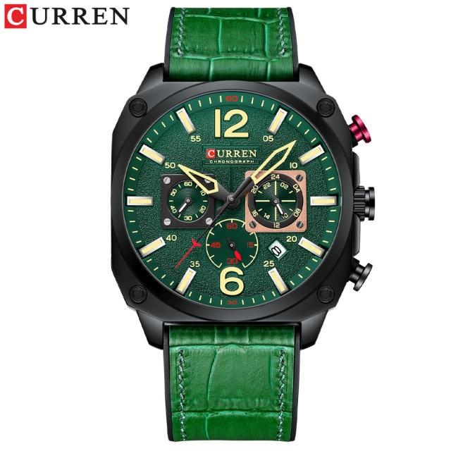 CURREN Herren Top-Marke, modische Uhr, lässig, Sport, Leder, Chronograph, Quarz, Armbanduhren für Männer, leuchtende Zeiger grün
