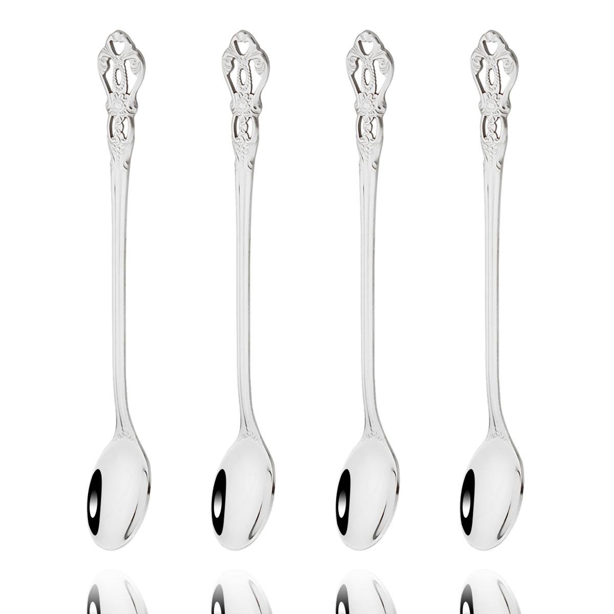 4Pcs Saft Kaffee Rühren Besteck Set Vintage Bunte Teelöffel Geschirr Eis Lange Griff Scoop Geschirr Küche Werkzeuge silber