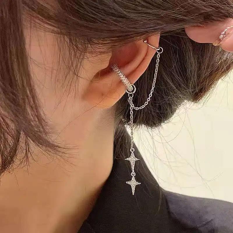 Süßer Retro-Ohrclip-Ohrring ohne Piercing für Frauen, glänzender silberner Kristallquasten-Strassstern, gefälschter Knorpelpiercing-Schmuck, cooler Ohrclip