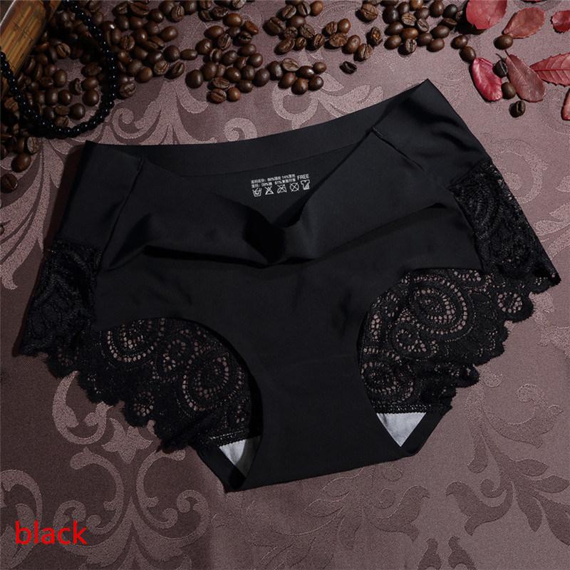 Frauen Sexy Unterwäsche Mid-taille Unterwäsche Spitze Reine Farbe Baumwolle Damen Unterwäsche Slips XL schwarz