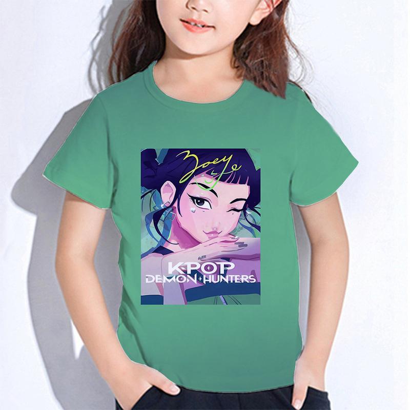 Sommer Huntrix Girl Kpop T-Shirts Kinder Dämonenjäger T-Shirt Zoey Rumi Mira Jungen Mädchen Kurzarm Tops Locker O-Ausschnitt Kinderkleidung 110 violett