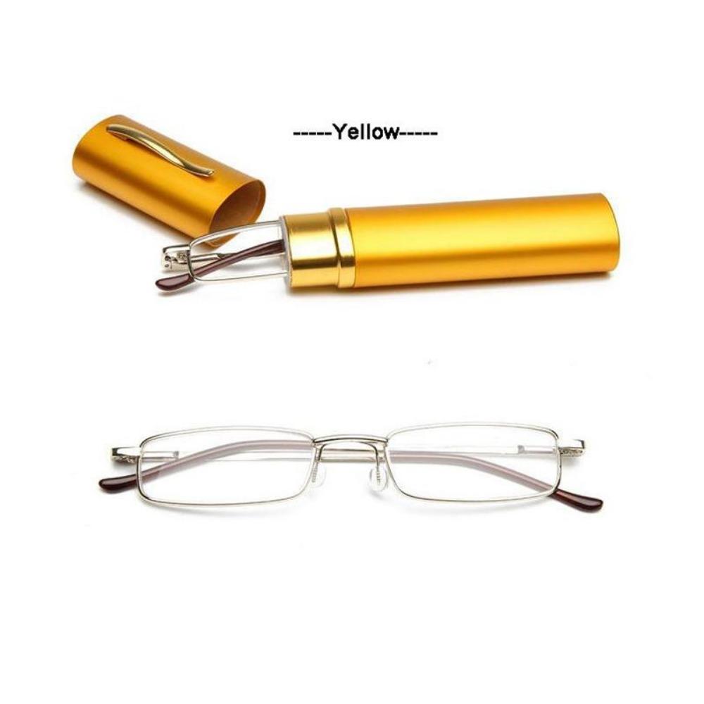 Eso Vision Mini Lesebrille Frau Und Mann Tube Extra Klein Metall Lesebrille Schwarz Pink mit Stiftetui Damen Herren +400 orange
