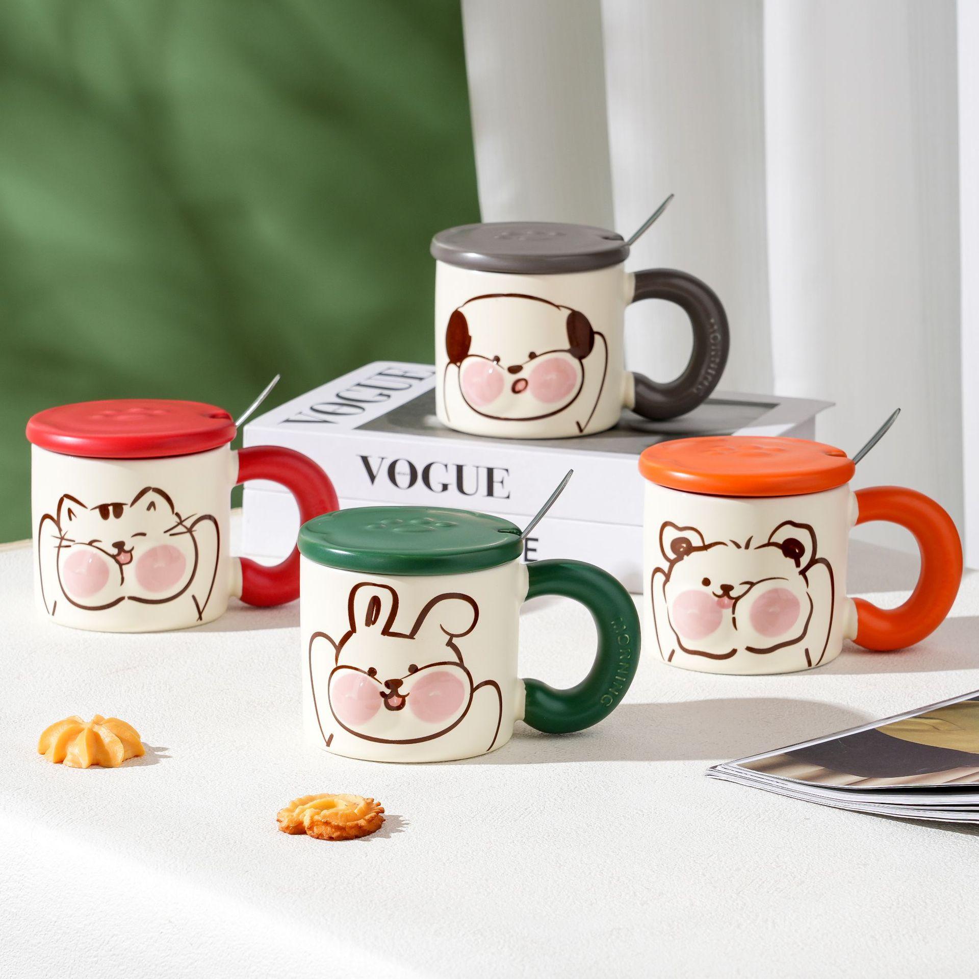 Einfache Keramiktasse Haushalt Ins Tassenset Haushalt Wasserbecher Cartoon Niedliche Tasse mit Deckel Löffel Frühstückstasse 320ML gray