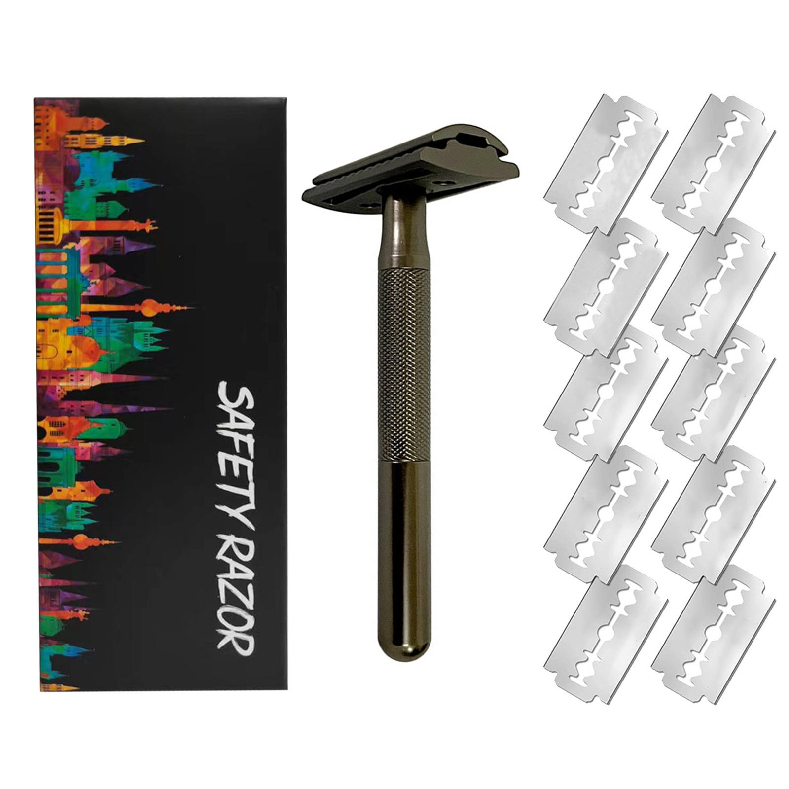 Doppelschneidiger Sicherheitsrasierer für Männer, manueller Rasierer, langer Griff, traditioneller Rasierer mit 10 Stück schwarz