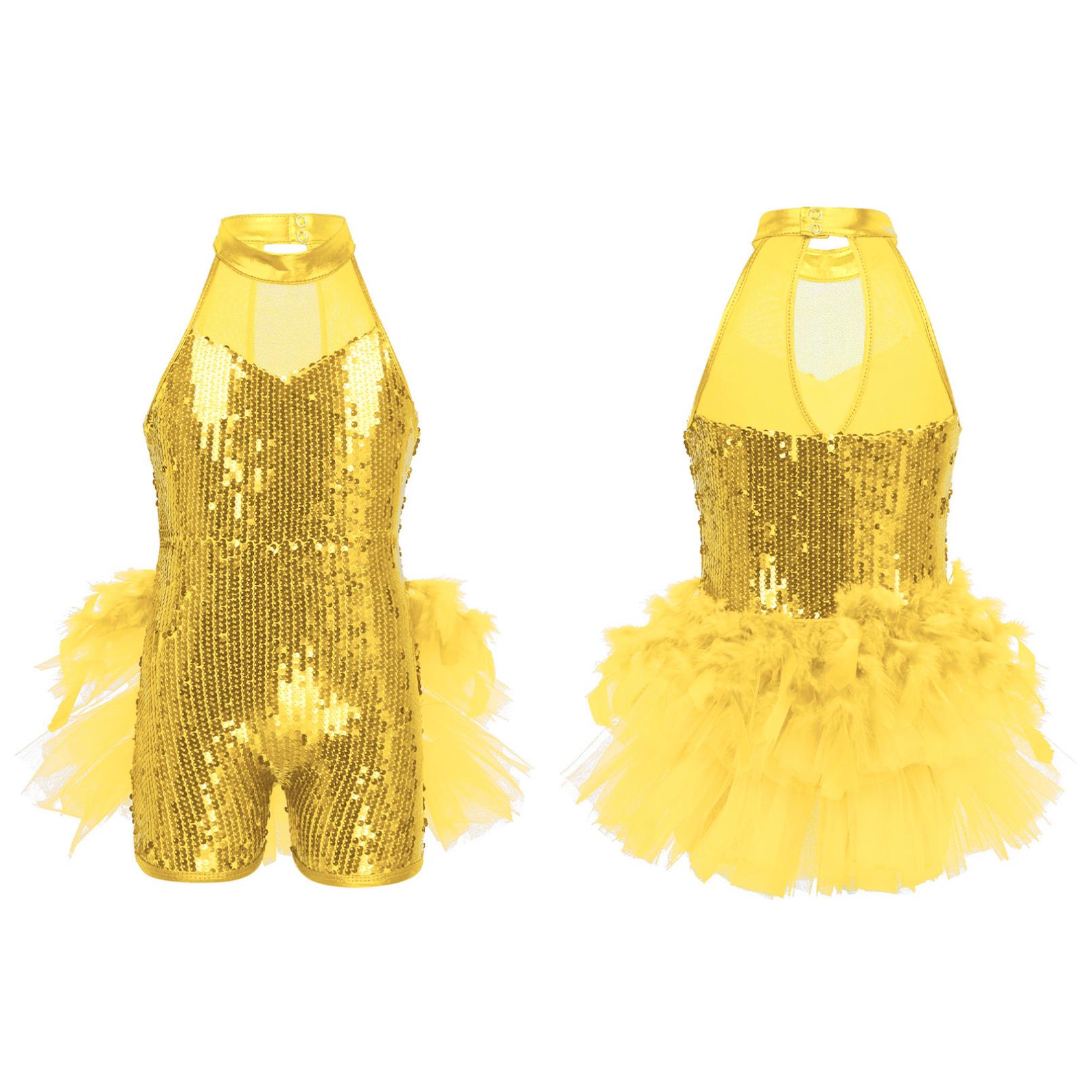 Mädchen Pailletten Jazz Latin Ballett Tanz Kostüm Trikot Overall Kinder Ärmellose Mock Neck Glänzende Tanz Kleid Kostüme 13-14 Years gelb