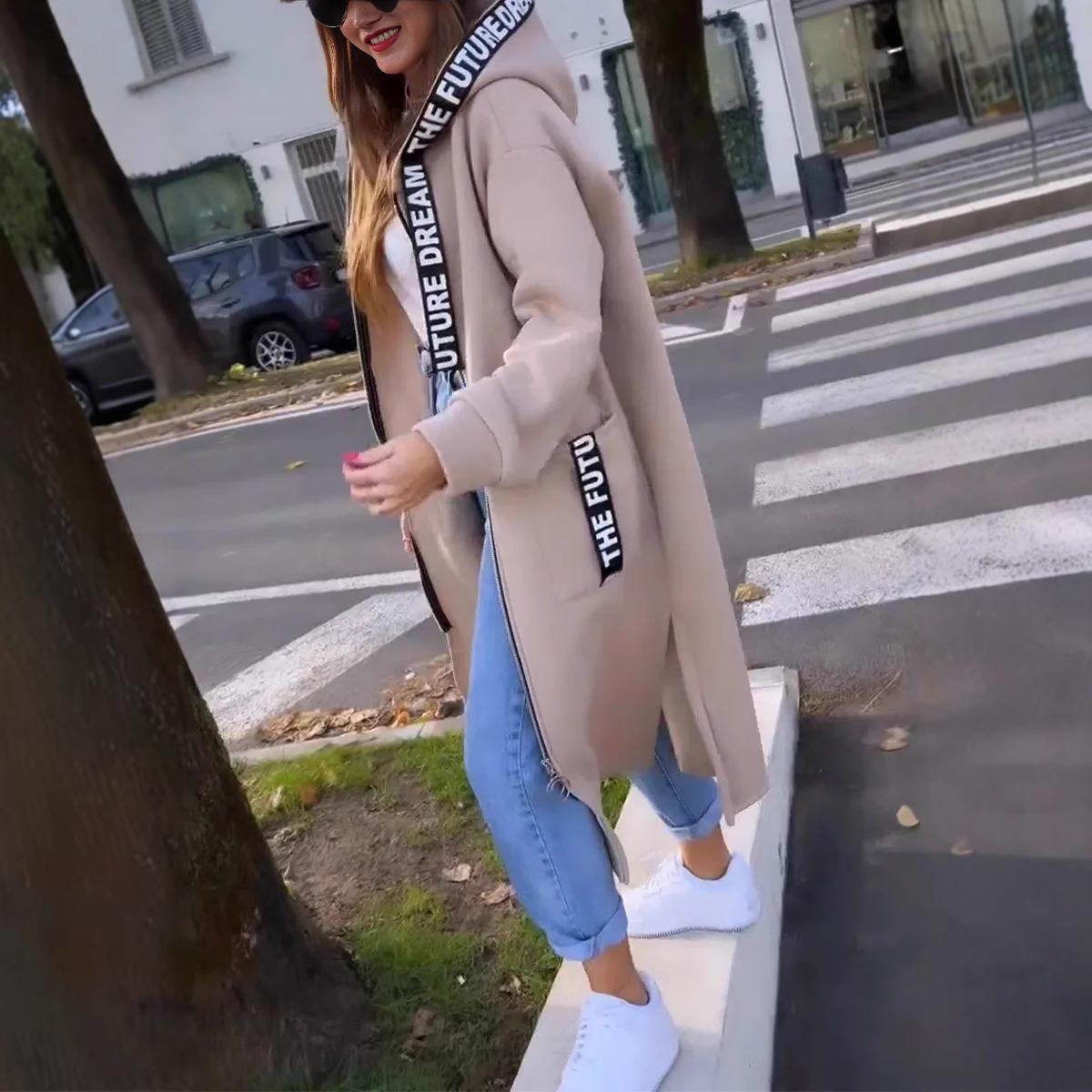 Strickjacke Sweatshirt Damen Kapuzen Lange Mäntel Splice Casual Reißverschluss Mantel Tasche Outwear Solide Jacke S apricot