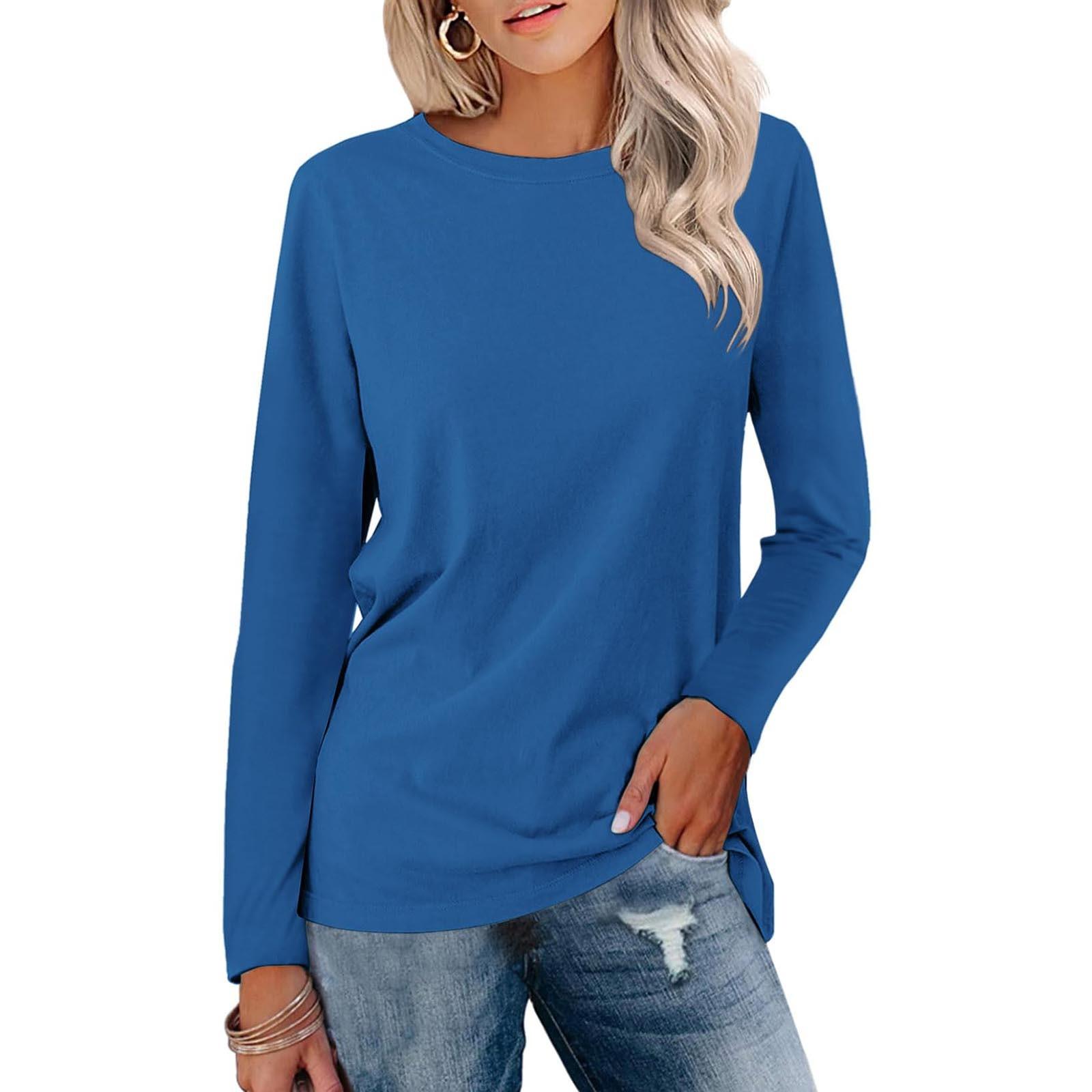Damenmode Casual Langarm Rundhals Pullover Top Bluse S blau