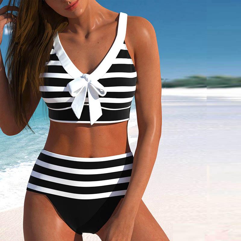 Damen-Bikini-Tankini-Badeanzug mit Neckholder, Schleife und Streifenmuster 2XL schwarz