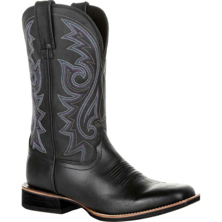 Mode Herren Bestickte Ärmel Vintage Unisex Mid-Calf Stiefel Cowboy Lederstiefel Mittelhohe Stiefel Kampfstiefel Plateauschuhe 43 schwarz