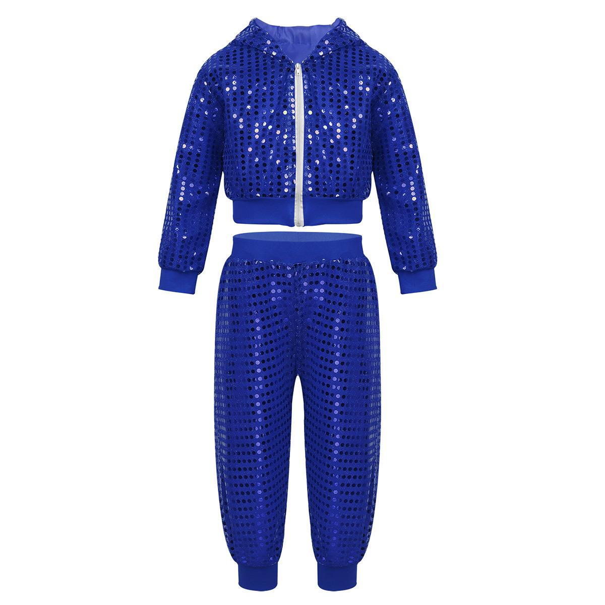 Kinder Jungen Mädchen Glitzernde Pailletten Langarm Hip Hop Jazz Street Dance Kostüme Langarm Kapuzenjacke Hosen Set 10-12 Years blau