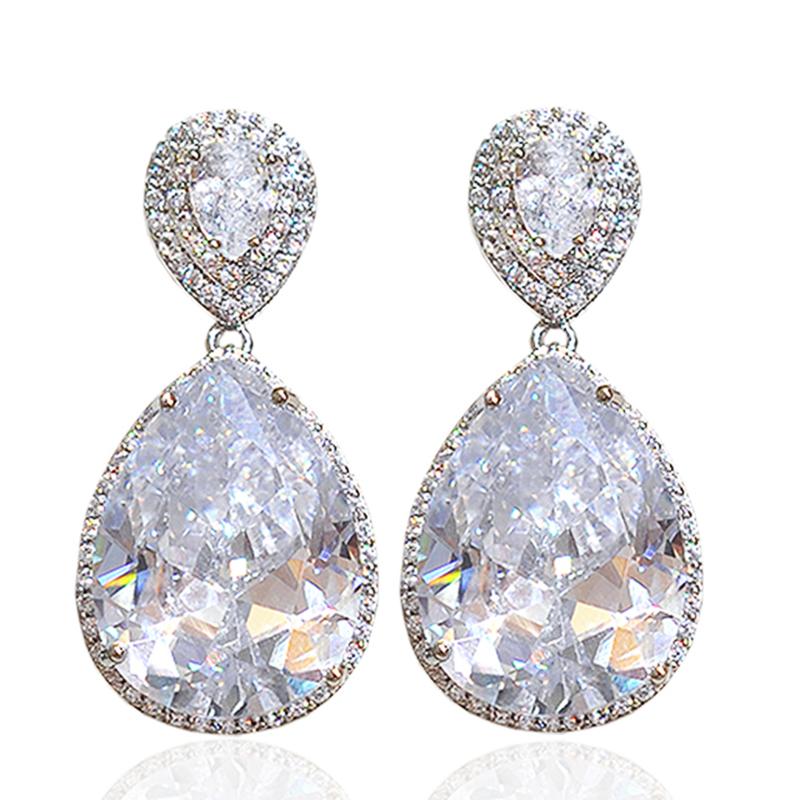 Huitan Große Wassertropfen Zirkonia Hängeohrringe Damen für Verlobung Hochzeit Party Zubehör Luxuriöser Silberschmuck white