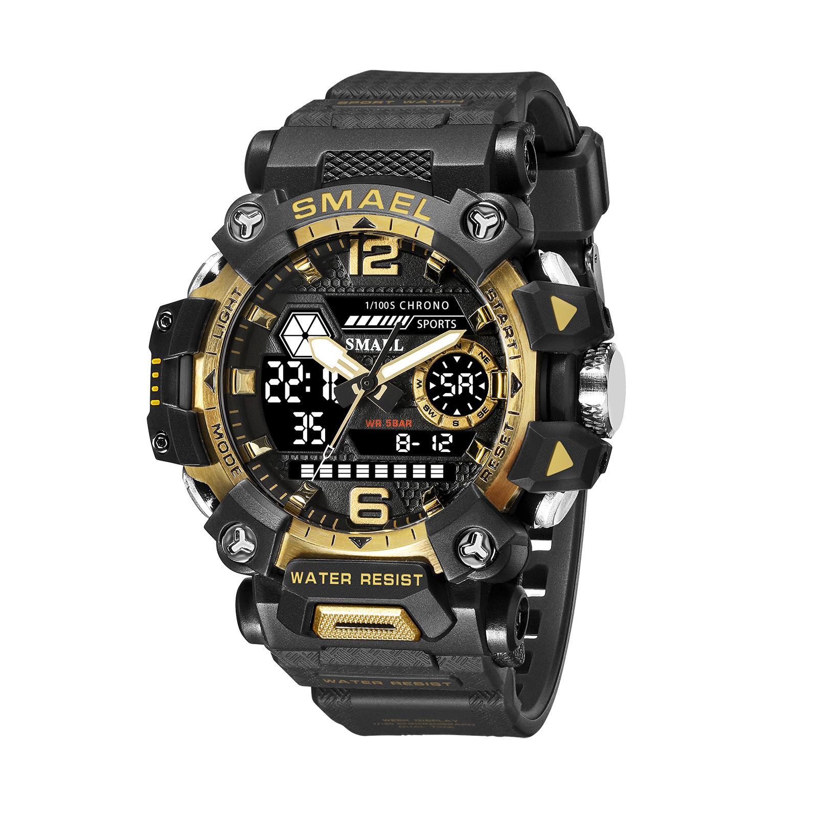 SMAEL Herren-Militäruhr, Outdoor-LED-Digitaluhr, 50 m wasserdicht, taktische Armee-Armbanduhr, Sportuhren für Männer, Sport-Armbanduhr 8072 With Package gold/schwarz