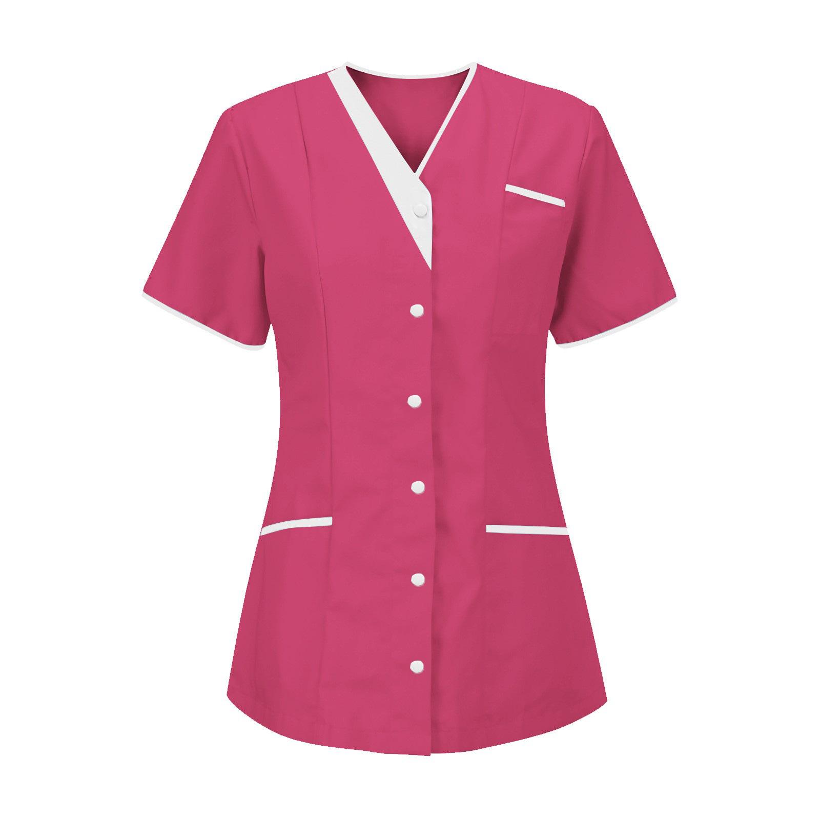Damen Uniform Schnelltrocknendes Gewebe Einfarbig V-Ausschnitt Kurzärmlige Uniform L heißes rosa