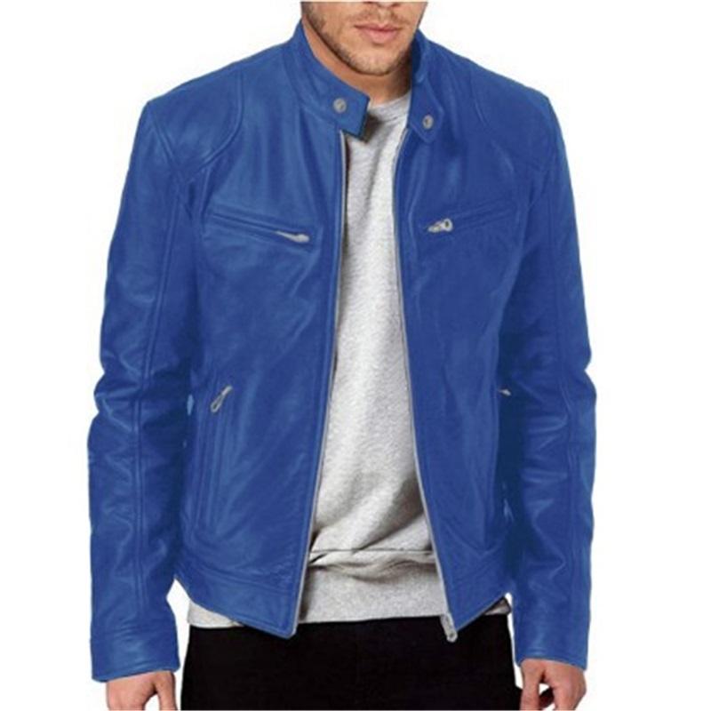 Herren Lederjacke Jugend Stehkragen Punk Motorrad Lederjacke Stilvoll Langlebig Bequem Modische Oberbekleidung S blau