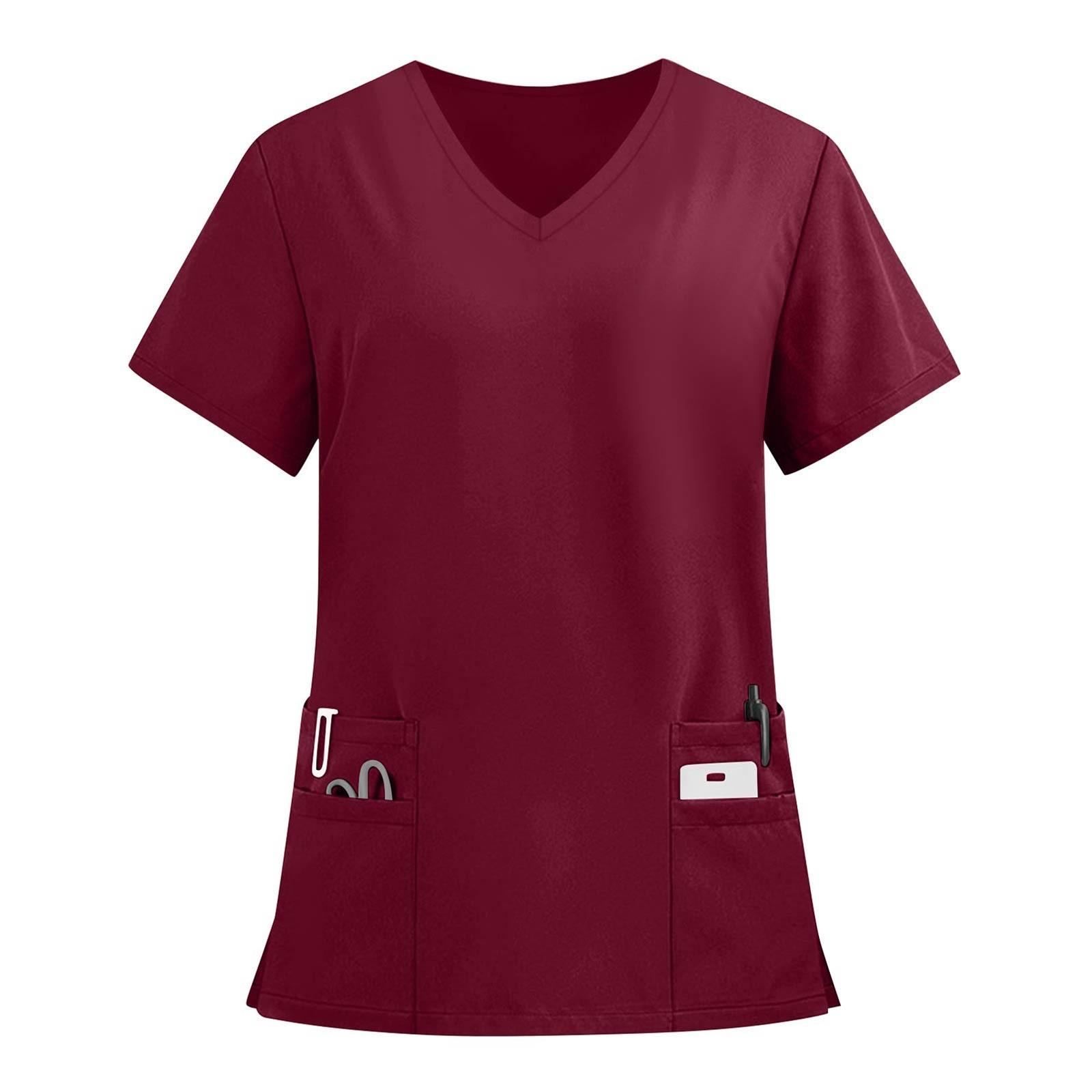 Damenmode Einfarbig Kurzarm V-Ausschnitt Muster Tops Tasche Arbeits-T-Shirts XXXXL weinrot