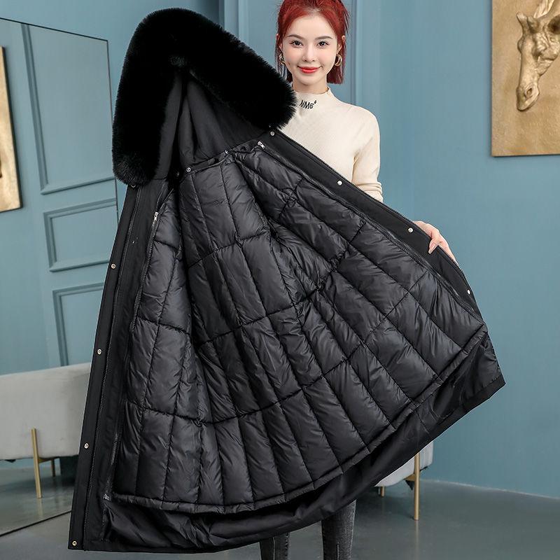 Damen-Winterparka mit abnehmbarem Innenfutter, langer, lockerer Übergrößen-Mantel aus verdickter Baumwolle im koreanischen Stil XXXL schwarz