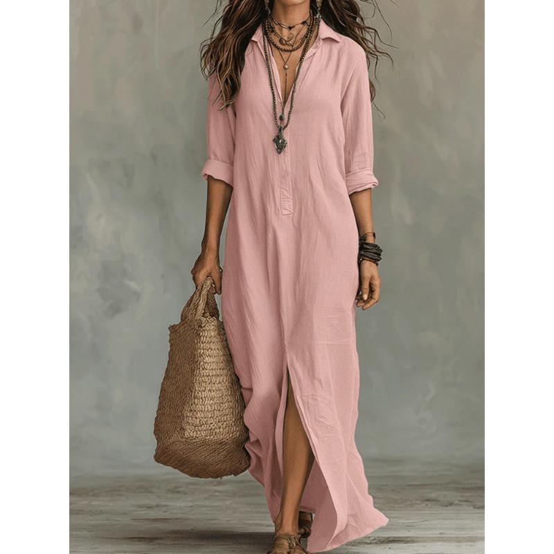Lässiges lockeres elegantes Damenkleid Boho einfarbig schlicht seitlicher Schlitz Langarm Partykleid Passform Hemdblusenkleid Büro Damenkleider XL