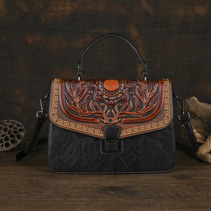 Johnature Handgemachte geprägte Damen Ledertasche Vintage Handtasche Vielseitige Schulter- und Umhängetaschen schwarz