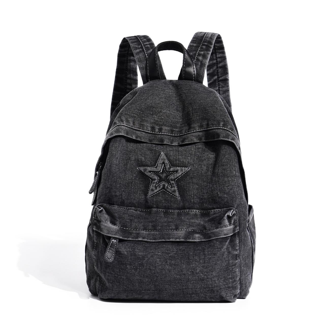 Schulrucksack neue Ins trendige Marke Pentagramm-Rucksack Damen Retro gewaschener Denim-Stoff Rucksack Damen große Kapazität Studenten-Schulrucksack (Black,30*15*40cm) schwarz