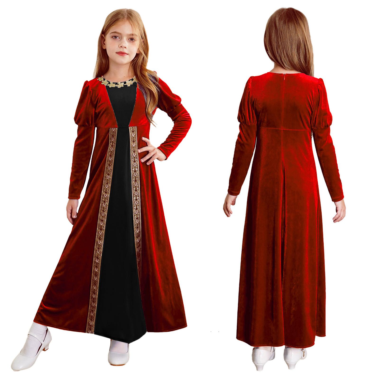 Mittelalterliches Renaissance-Kleid für Mädchen, Halloween, Rollenspiel, Partykostüm, Prinzessin, Langarmkleid, Ballkleider 9-10 Years rot