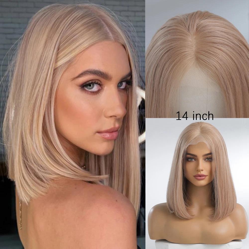 HAIRCUBE 13×5×1Lace-Front-Echthaar-Perücke, Ombré-Platinblond, schulterlang, Bob-Perücken für Frauen, seitlich gescheitelt, glattes Remy-Haar brown