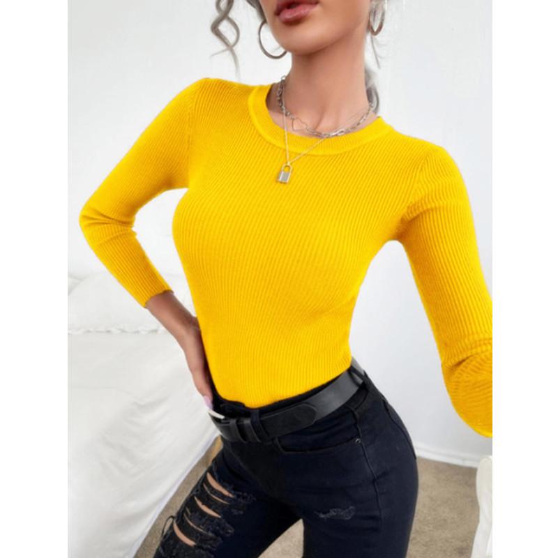 Herbst Winter Pullover Tops frauen Bodenbildung Pullover Mode Langarm Bluse Rippen Gestrickte Casual Jumper Pullover S gelb