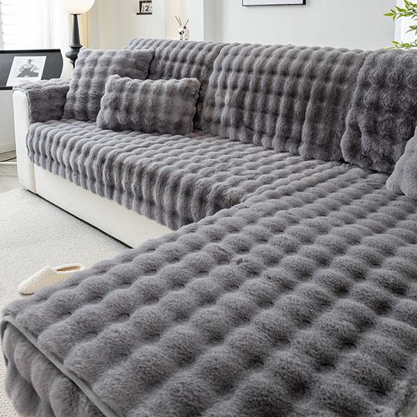 Kaninchen Plüsch Sofa Kissen Winter Gepolstertes Plüsch Kissen Rutschfeste Leder Sofa Abdeckung Abdeckung Tuch Handtuch 45*45cm grau