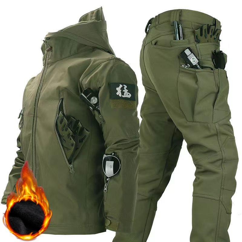 Herren Winter Herbst Fleecejacken Taktische wasserdichte Anzüge Outdoor Angeln Wandern Camping Trainingsanzüge Mäntel Thermohosen XL grün
