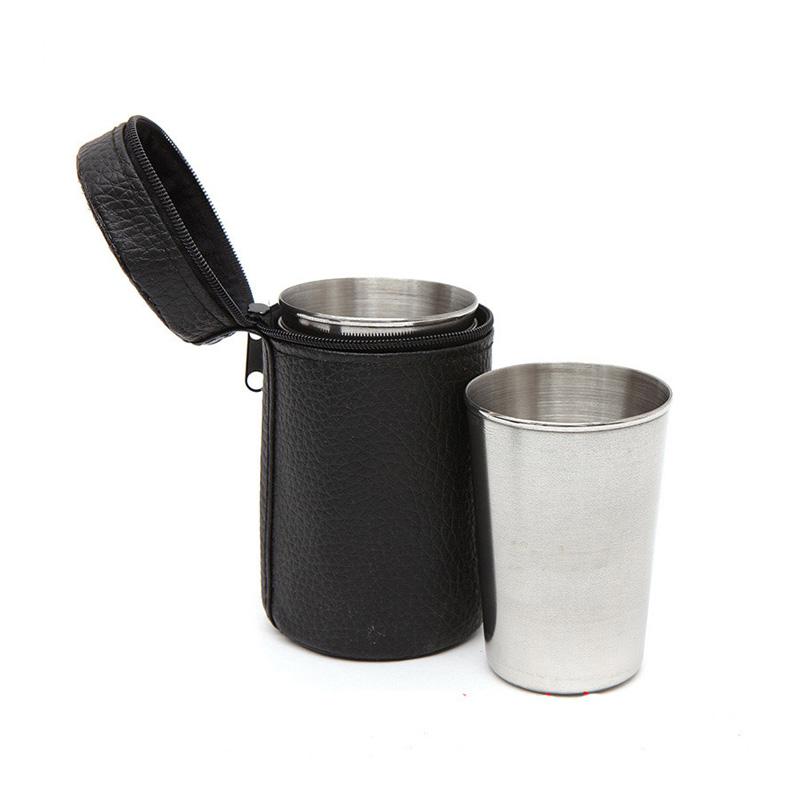 4 Teile/satz Edelstahl Flachmann Tasse Tragbare 30Ml/70Ml/150Ml Wein Tassen mit Leder fall Outdoor Geschirr Mini Kaffee Tee Bier Tasse S