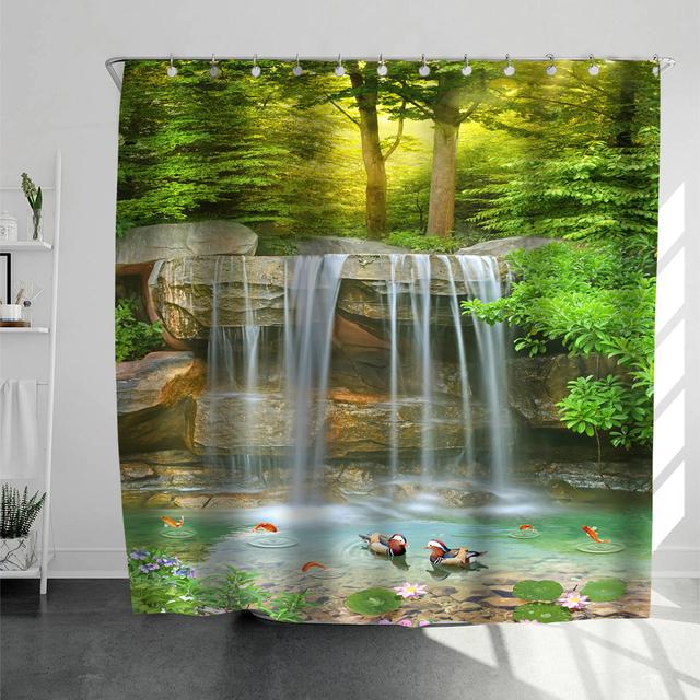 Ländliche Landschaft Creek Stein Lotus Buddha Duschvorhang Badezimmer Vorhang Stoff Wasserdicht Polyester Badezimmer Vorhang mit Haken 180*180cm