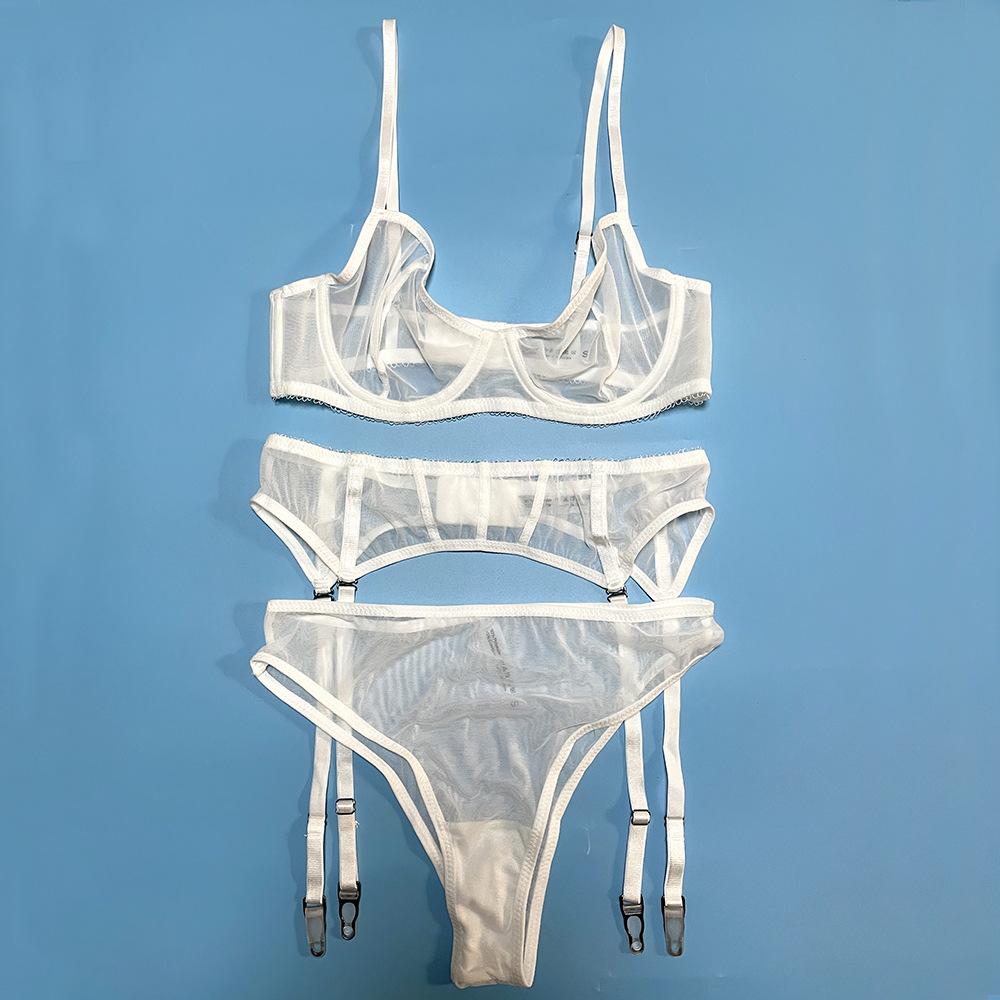 Neue Frauen Unterwäsche Sexy Spitze Ultra-dünne Push-Up Bh Set Transparent Mesh Versuchung Dessous 3-teiliges Set bhs + Höschen + Strumpfband S weiß