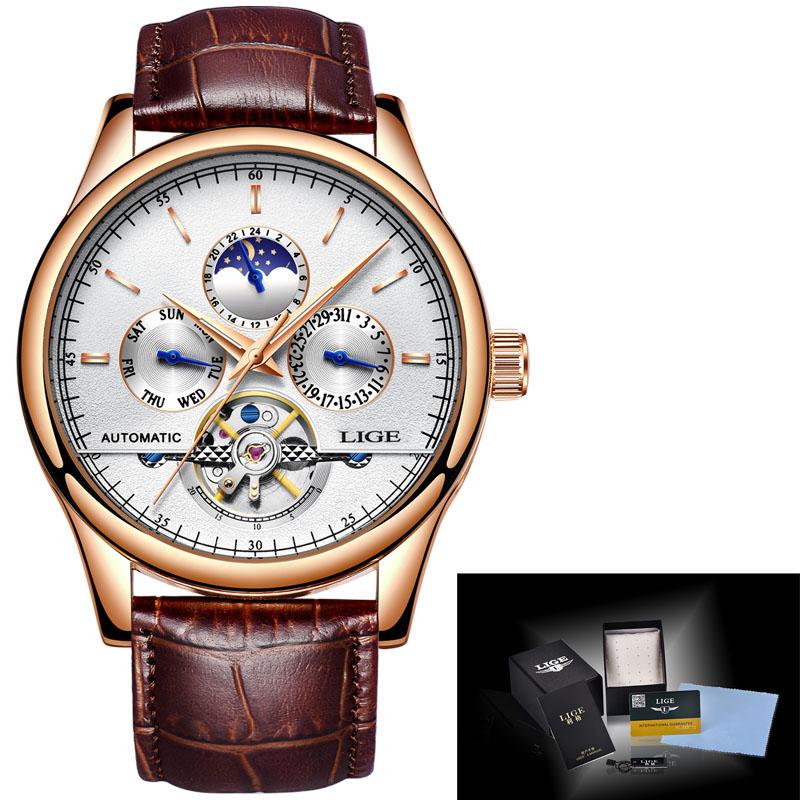 LIGE Mode Uhr Marke leder Uhr Automatische Männer Armbanduhr Männer Mechanische Stahl Uhren weiß/gold
