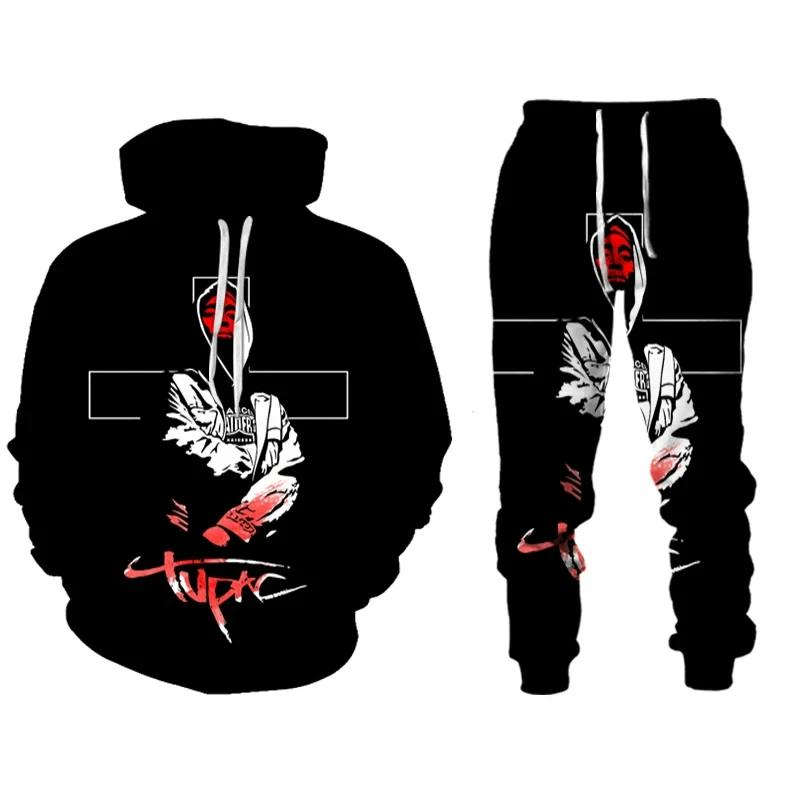 Neues Rap-Sänger 2 PAC Tupac Bedrucktes Hoodie-Hosen-Set Herren Damen Hip Hop Sudaderas Para Hombres Anzüge Street Pop Zweiteilige Sets M gray
