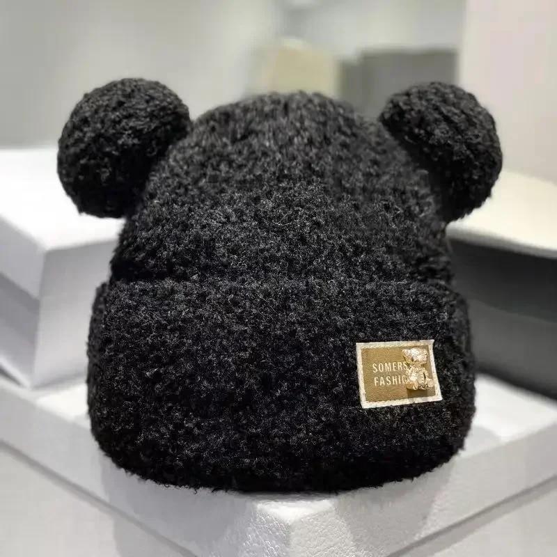 Kawaii Bär Mützen für Frauen Cartoon Bär Ohr bequeme Plüsch Mützen Herbst Winter warme winddichte Hüte 55-58cm schwarz