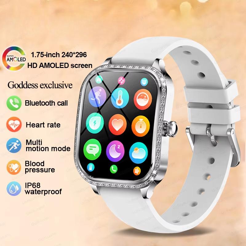 2025 Neue Mode Smart 1,75  HD Display Uhr Damen AMOLED Gebogener Bildschirm IP68 Wasserdicht Gesundheit Anruf Smartwatch Apple Watch Damen für Damen Geschenk silicone tape silber