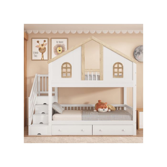 Etagenbett - MUVOE - 90x200 cm - Weiß und Naturtöne - 2 Schubladen - Sicherheit EN747 weiß