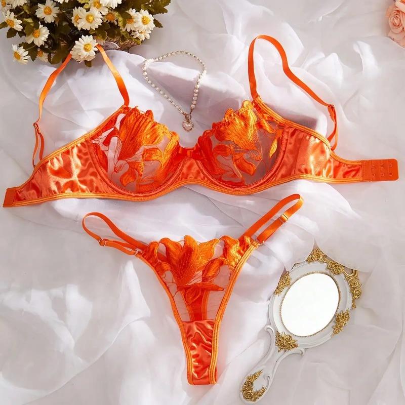 Sexy Spitzen-Bügel-Push-Up-Dessous-Kontur-BH und Höschen-Sets für Frauen, Unterwäsche mit geraffter Brust, Stickerei, Bralette-Set, Damen-Unterwäsche-Set XL orange