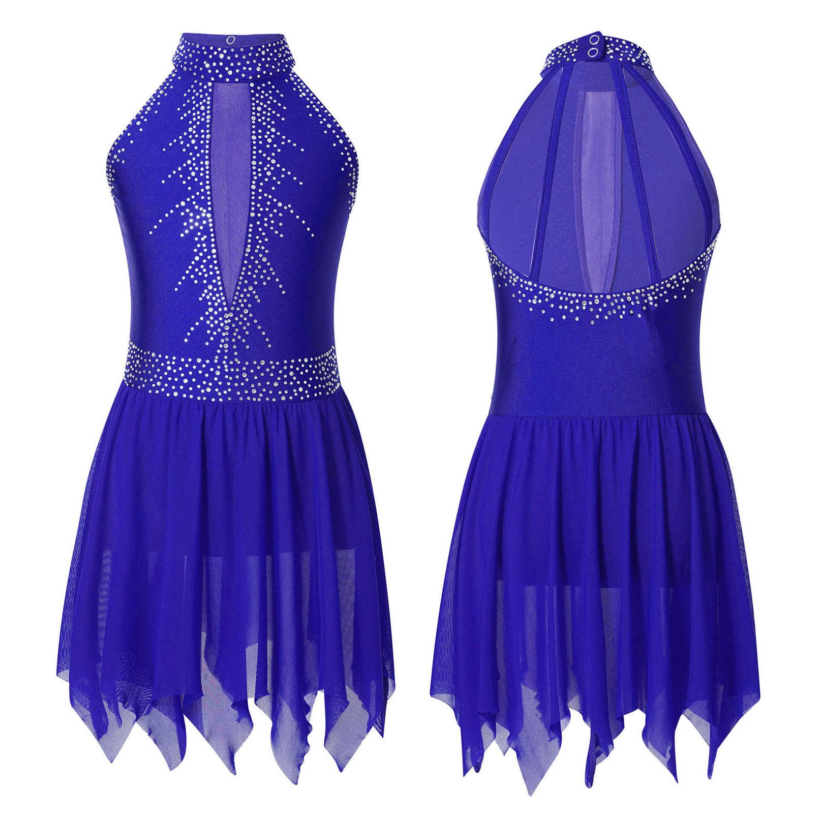 Kinder Mädchen Eiskunstlauf-Tanzkleid, ärmellos, glänzendes Strass-Mesh-Trikot, Tutu, Ballett, Gymnastik, lyrische Kleider 13-14 Years königsblau