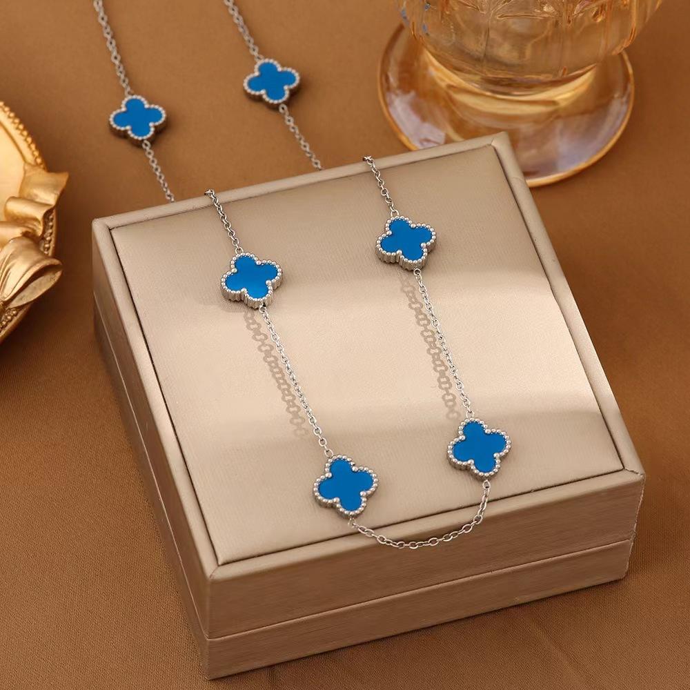 Zehn-Blumen-Halskette, Glücksklee-Halskette, nicht verblassender Titanstahl, modische Perlmutt-Halskette 18K blau